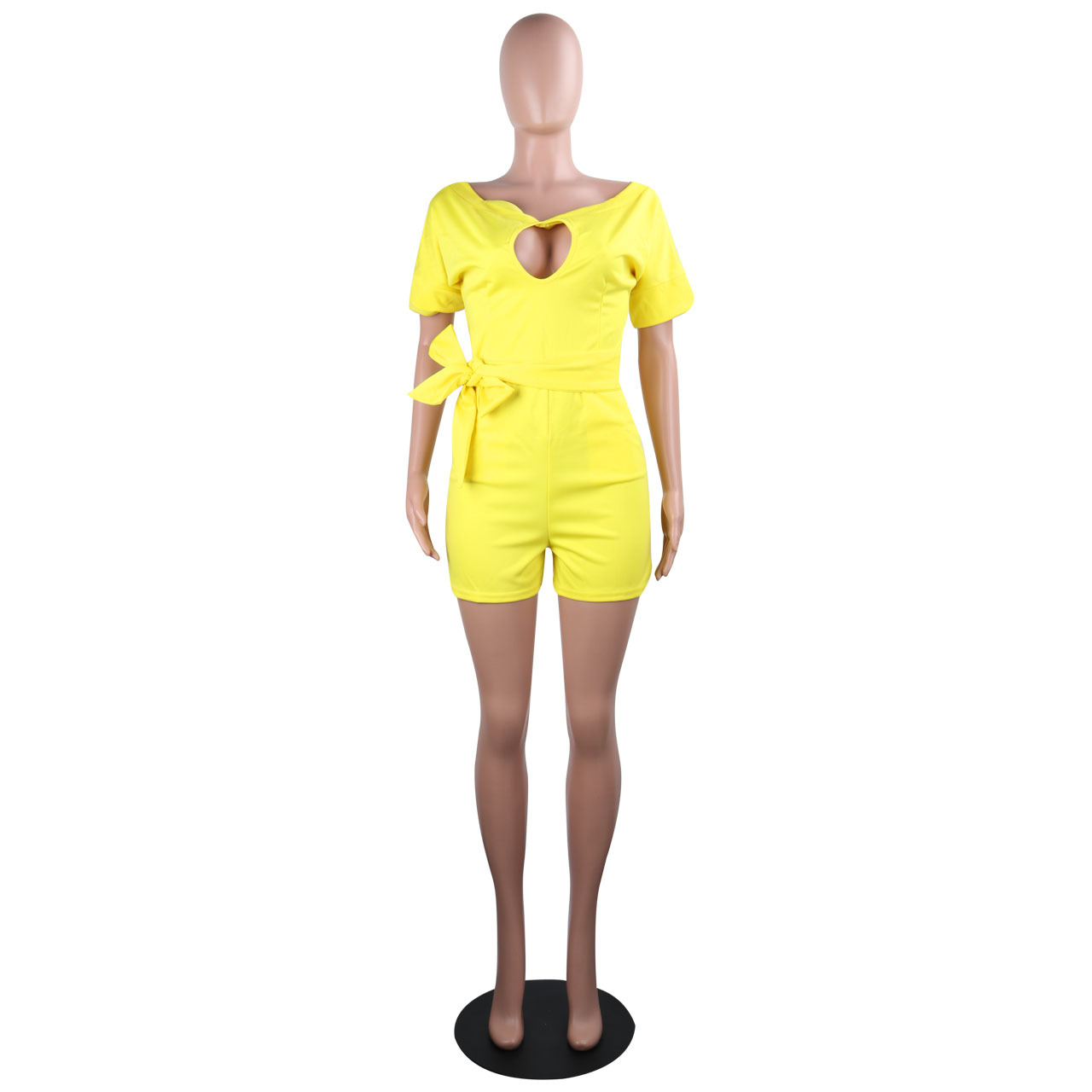 Classic Solid Color Round Neck Hollow Out Cutout Out Short Sleeved Jumpsuit