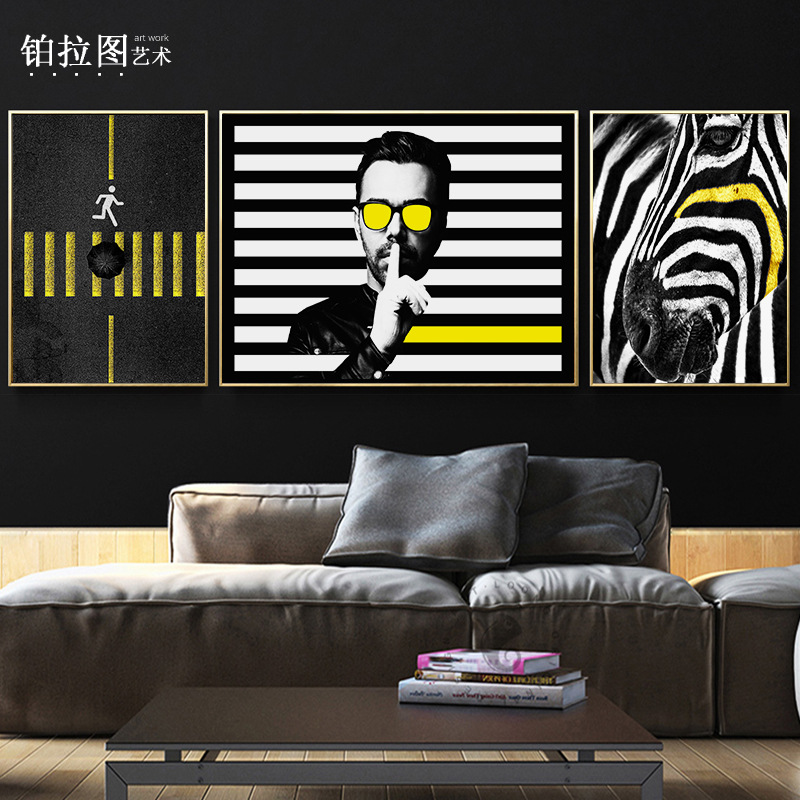 黑白斑马三联装饰画现代轻奢人物个性线客厅创意样板间挂画