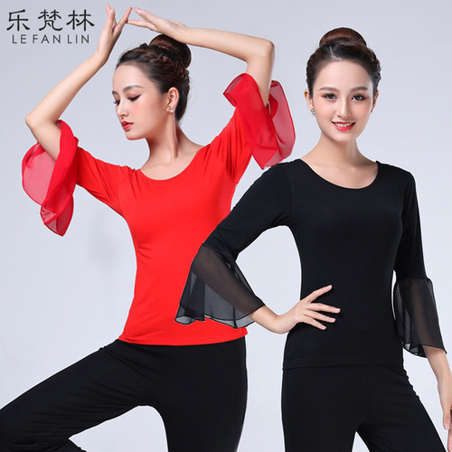 Women girls black long flare sleeves black red latin ballroom dancing tops modern dance v neck shirts for lady  square dance horn sleeve Blouses