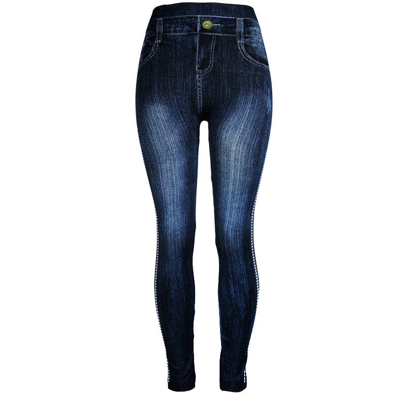 Dam leggings denim look hög midja bomull med prickar byxor_voghion.com