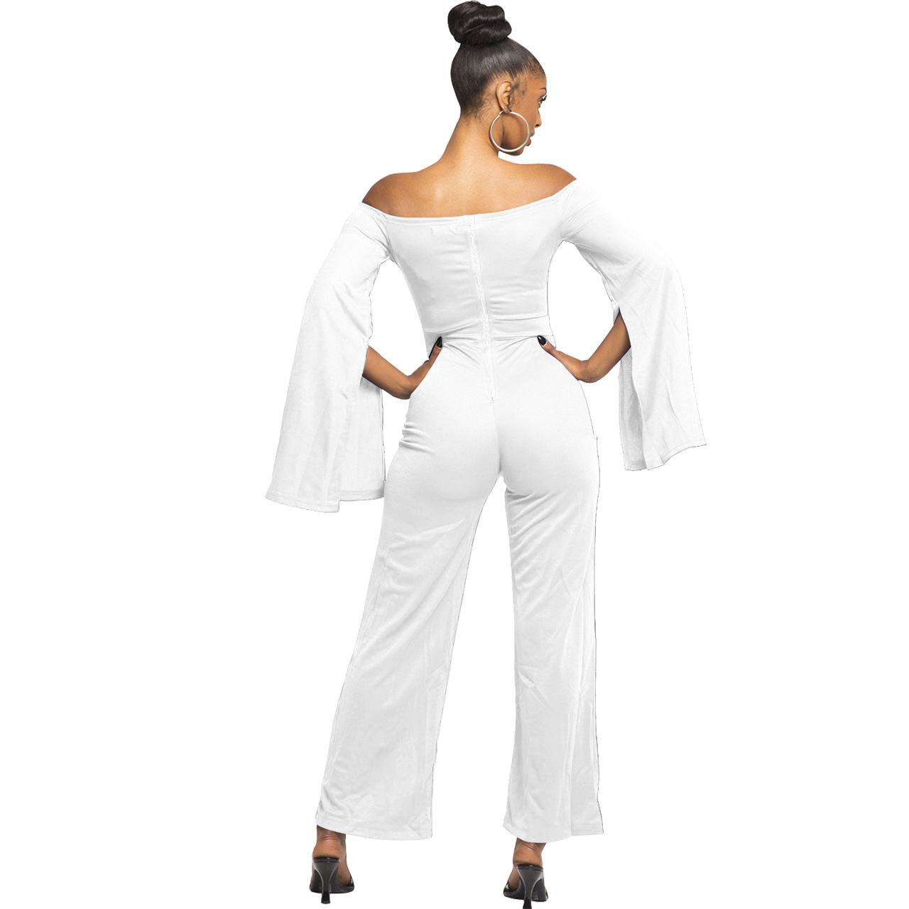 Boutique Casual Solid Color Long Sleeves Cropped off Shoulder Jumpsuit