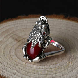 一件代发复古石榴石貔貅戒指民族风红玛瑙貔貅戒指男女款活口戒指