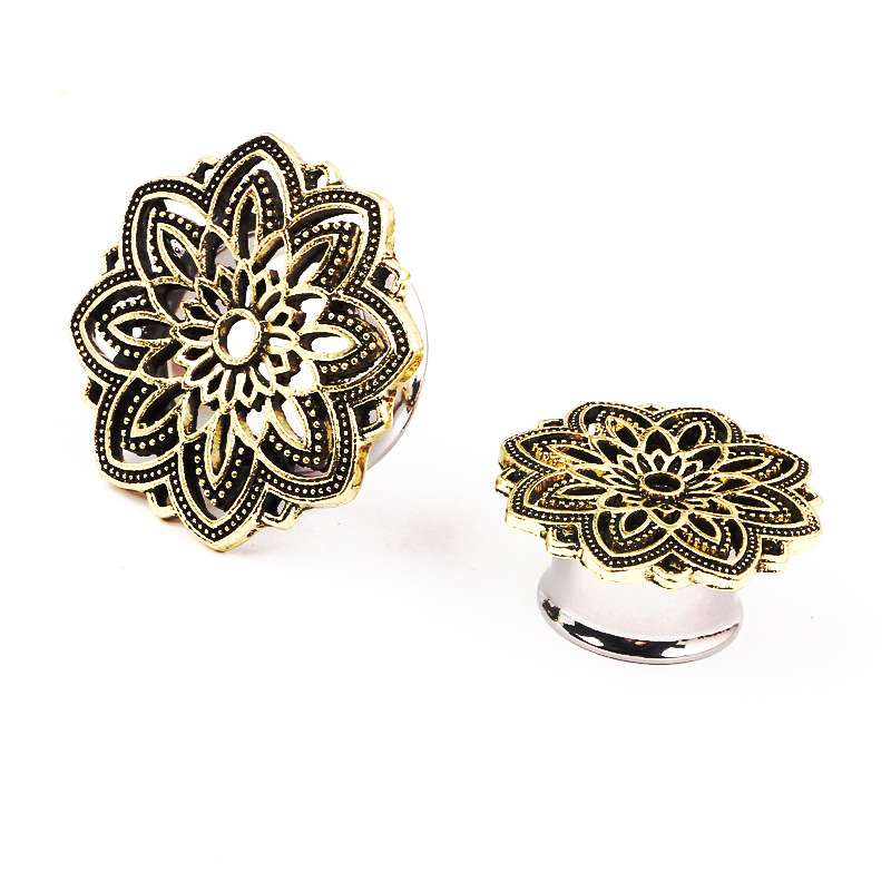 Cross-border Hot Sale Ear Expansion Stainless Steel Horn Bronze Flower Hollow Flower Auricle Expander Piercing Earrings detail image 8