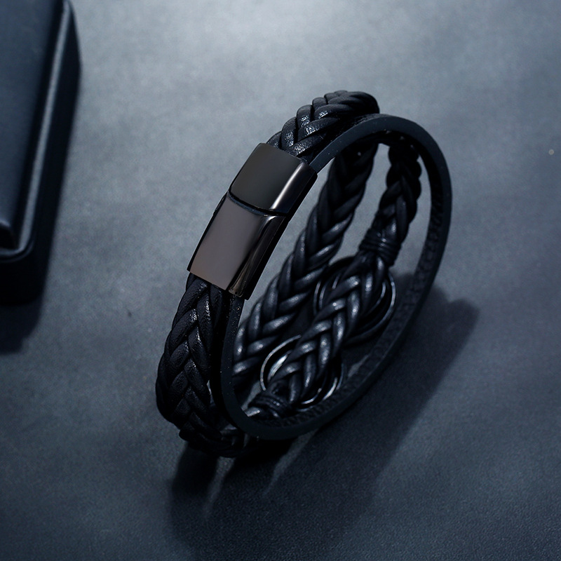 New Menu0027s Jewelry Black Stainless Steel Buckle Leather Bracelet Alloy Black Plated 8 Word Imitat
