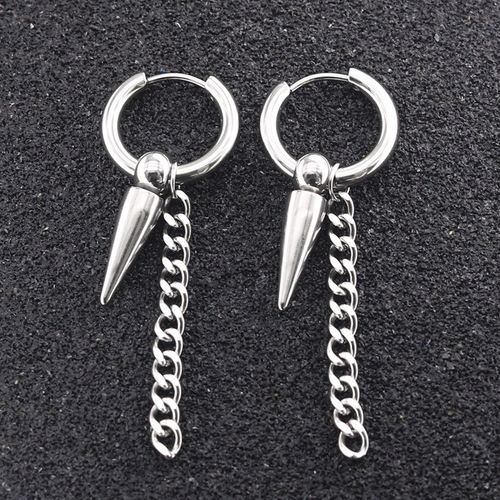 Japanese and Korean hip-hop punk trend men's stainless steel chain earrings cross round black titanium steel earrings ear buckle