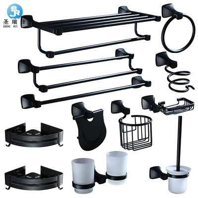 新款厂家直销太空铝方座黑色浴巾架卫浴五金挂件套装浴室毛巾架