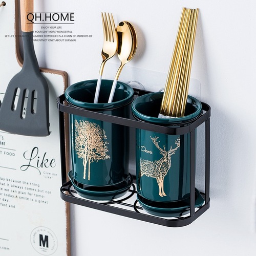 Emerald light luxury ceramic chopstick tube chopstick basket drain chopstick box home wall-mounted chopstick cage kitchen storage bucket