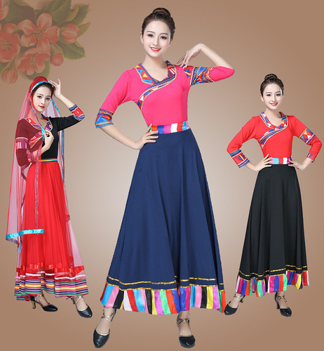 Square dance new ethnic set Tibetan dance costume solid color large skirt spring and summer middle-aged and elderly dancing performance