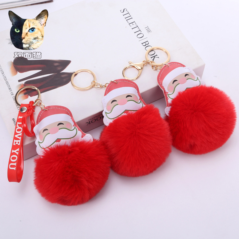 Cross-border Christmas fur ball keychain environmentally friendly leather Santa Plush Bag pendant Women's Small Gifts Wholesale