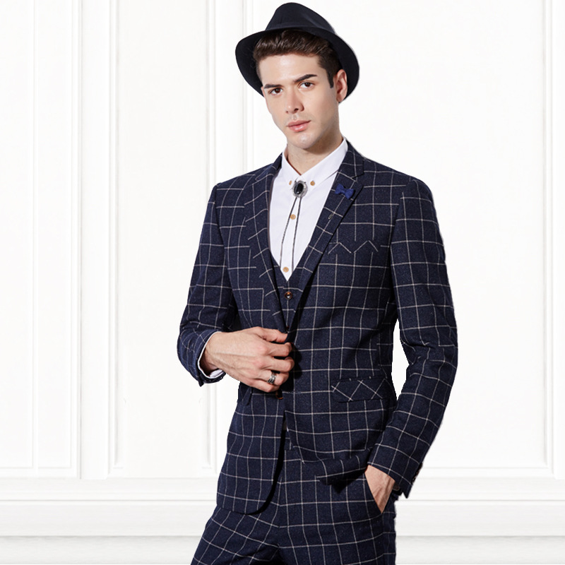 男士休閑西服三件套裝修身英倫韓版潮新郎結婚格子禮服可量身定制