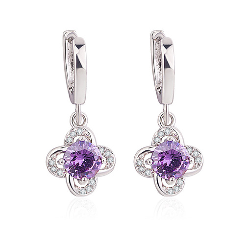 Korean version of the new sparkling diamond four-leaf clover long earrings for women with zircon purple diamond earrings sweet temperament fashion jewelry