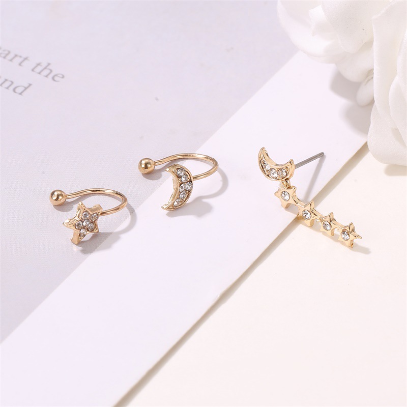 Best Selling Set Without Pierced Earrings Full Of Diamonds Stars 3 Sets Of Ear Clips Female display picture 3