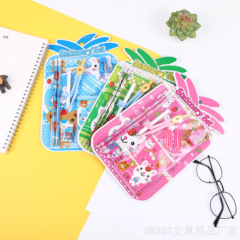 Ventas directas de fábrica diversos niños papelería combinación bolsa de regalo estudiante suministros escolares 8-pieza brújulas lápiz traje