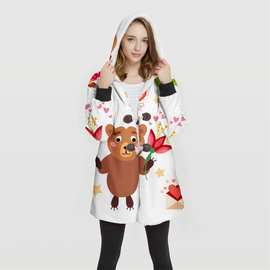 亚马逊女士长款外套棉服带帽数码印花图形棉花绒加厚