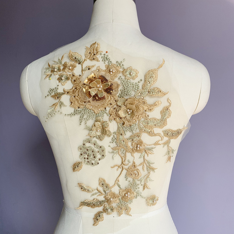 Poliéster bordado de seda macaron negro oro azul con cuentas de diamantes de imitación tridimensional encaje flor pegatinas bordado flor parche