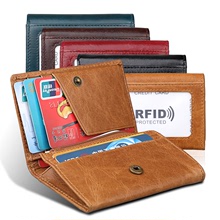 RFID外貿新款真皮零錢包短款手拿包男女士卡套女式卡夾瘋馬皮卡包