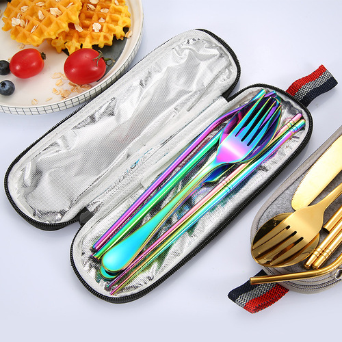 Cross-border Amazon stainless steel portable cutlery set for students outdoor travel spoon fork chopsticks straw combo set
