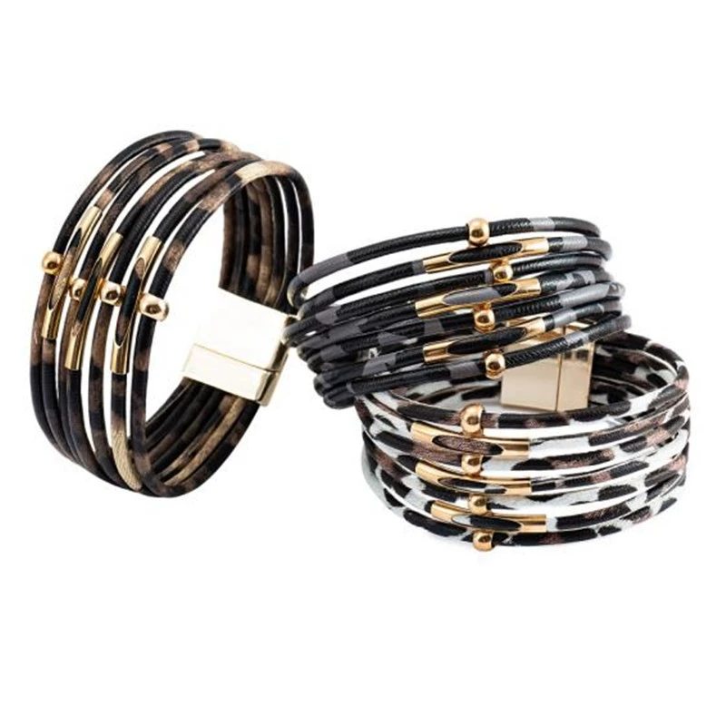 Браслет леопард Leopard LeatherBracelet кожаный браслет из кожи с бусинами и трубкой браслет с магнитной пряжкой