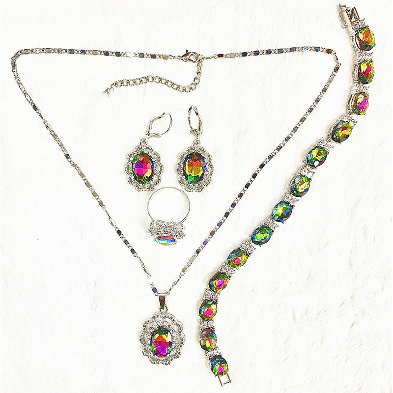 批发直销欧美流行风格首饰套装椭圆形七彩水晶饰品女耳环四件套