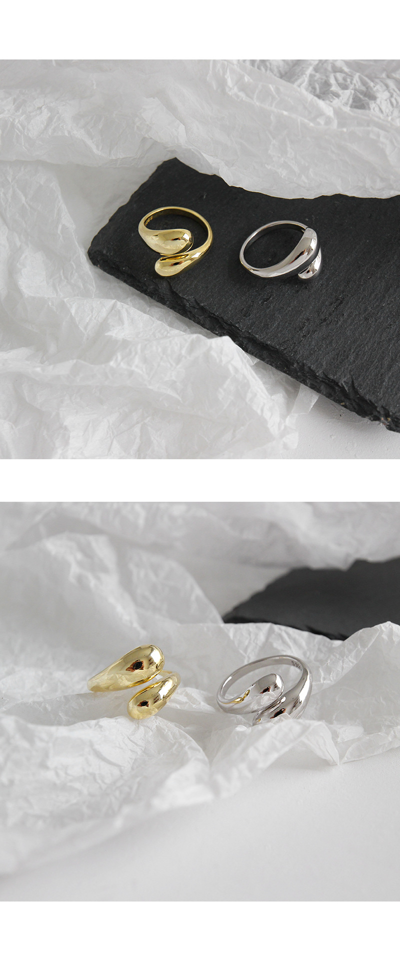 Jt307 Korean Style S925 Sterling Silver Ring Cold Style Minimalist Glossy Water Drop Open-End Ring f