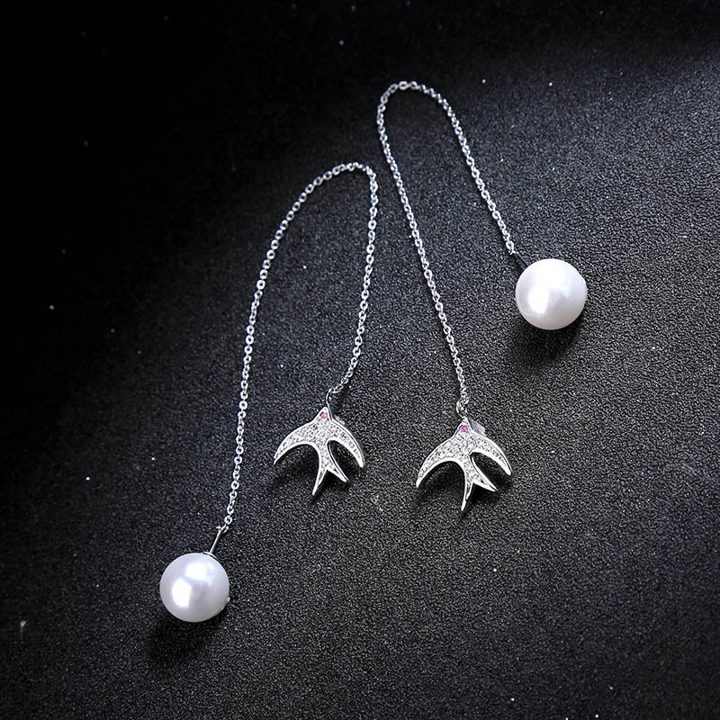 925 Silver Needle Creative Long Small Swallow Pearl Pendant Earrings Female Korean Fashion Ear Line display picture 2