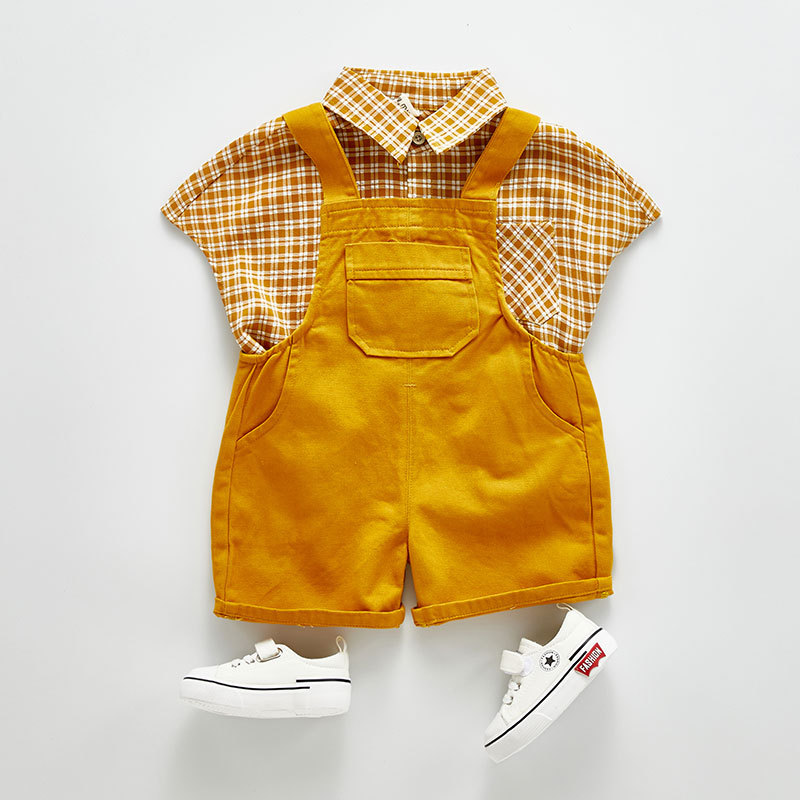 19夏季新款韩版童装 男童儿童纯棉格子短袖衬衫 宝宝翻领上衣|ms