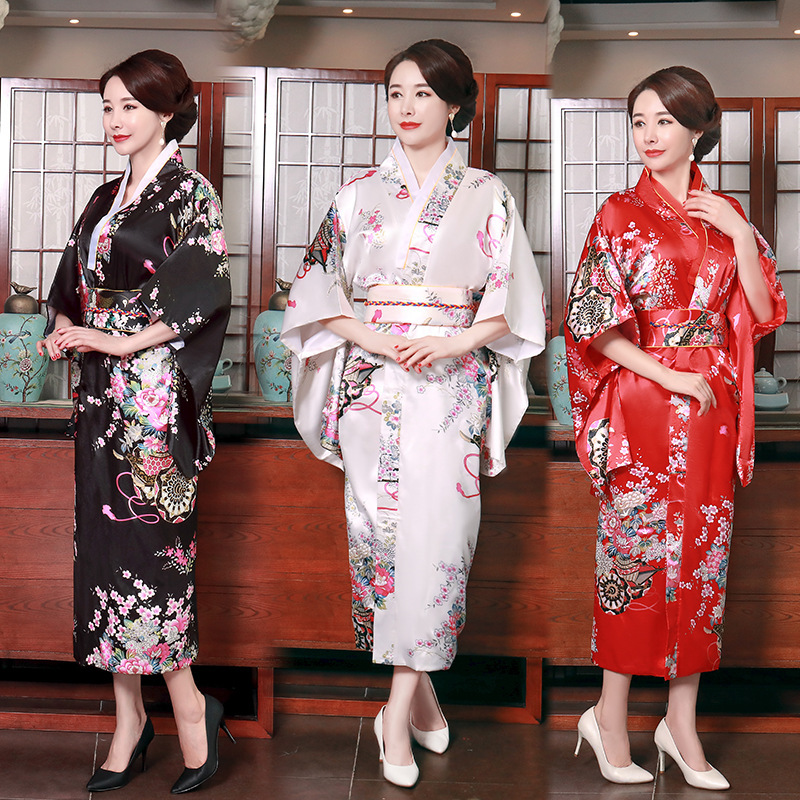Pink red Blue Sakura stage performance film cosplay kimono dress for women pajamas ladies satin plus size robe bathrobe kimono bride bridesmaid Tracksuit