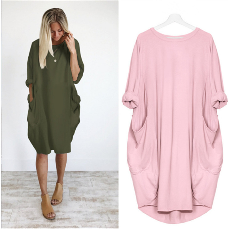 Factory Direct Sales Wish AliExpress Foreign Trade Women's Casual Loose Pockets Long Sleeves Plus Size Fat Sister Dress