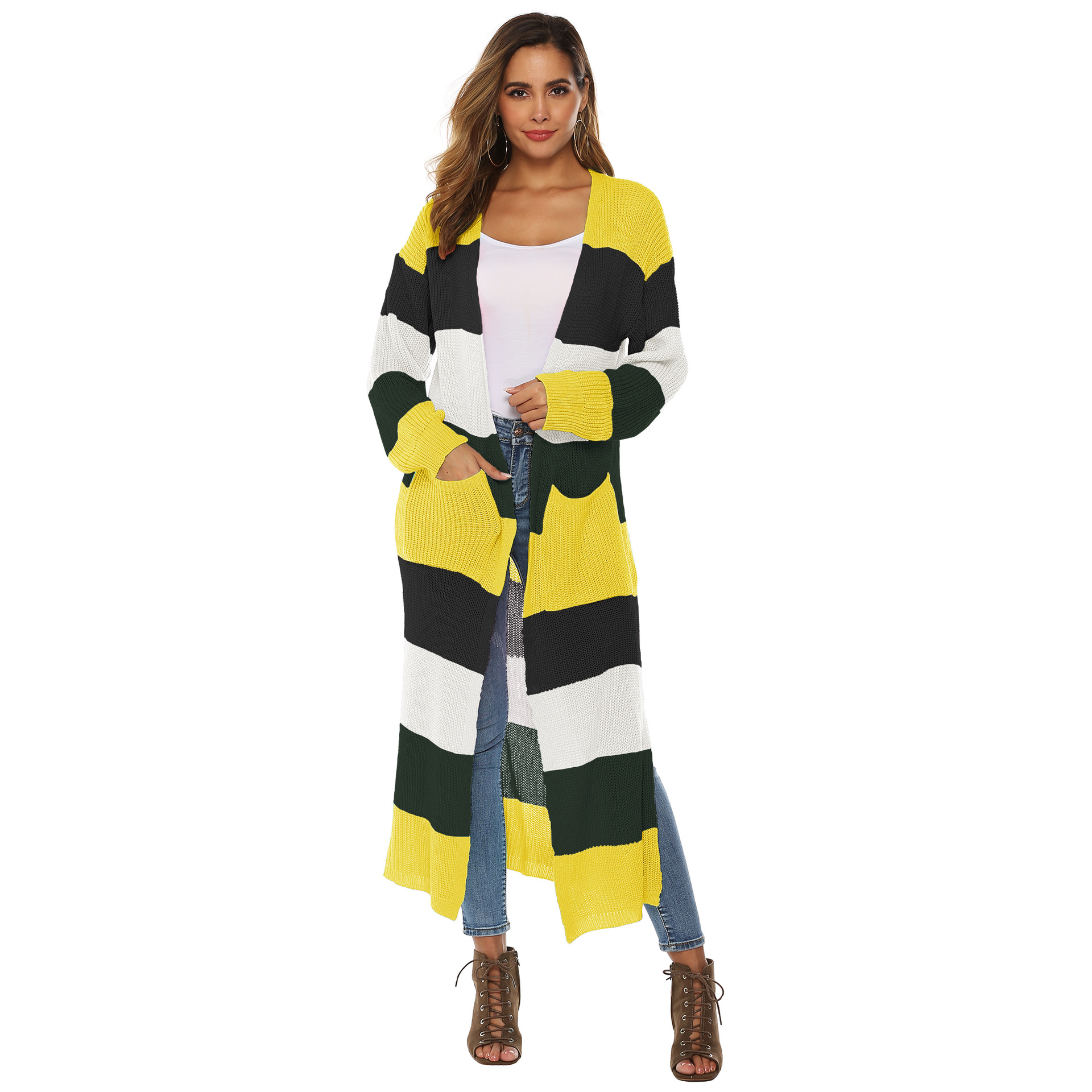 color stitching stripes slit big pockets long jacket NSOY26842