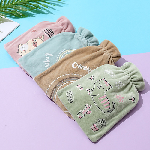 Cartoon velvet hot water bottle, thickened hand warmer, drawstring warm water bag, hot water bottle, hot water warmer, PVC water filling bag