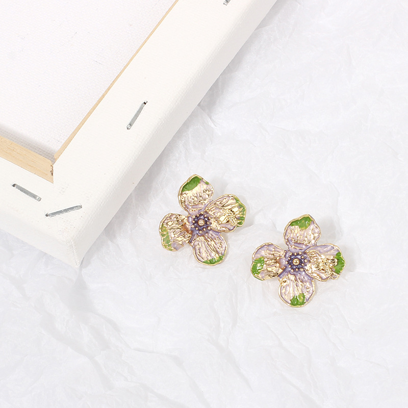 12g Weight Earrings Classification Wedding, Travel Occasion Women'S Gender Purple, Yellow Color Korean Fashion Dripping Oil Flower Earrings 4