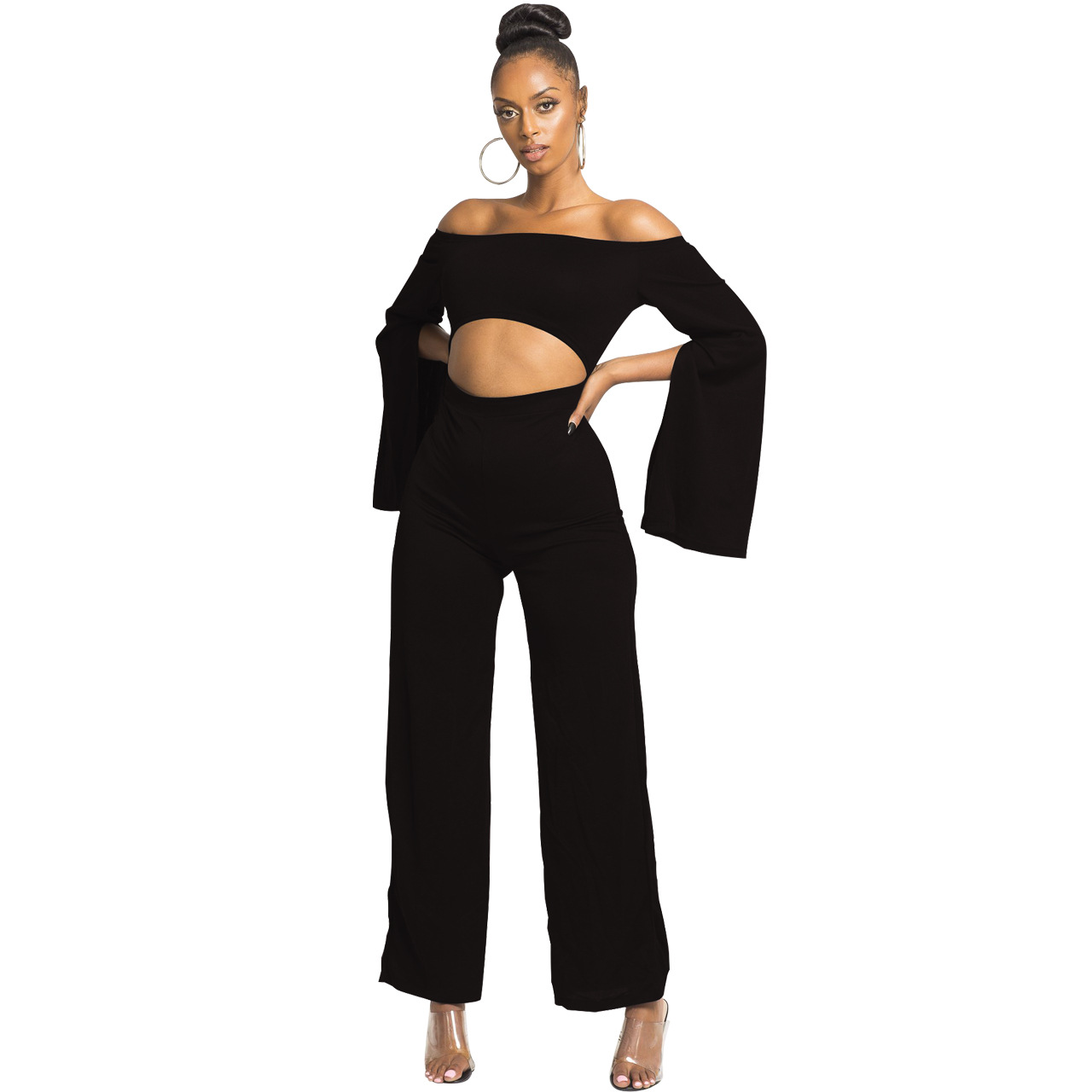 Boutique Casual Solid Color Long Sleeves Cropped off Shoulder Jumpsuit