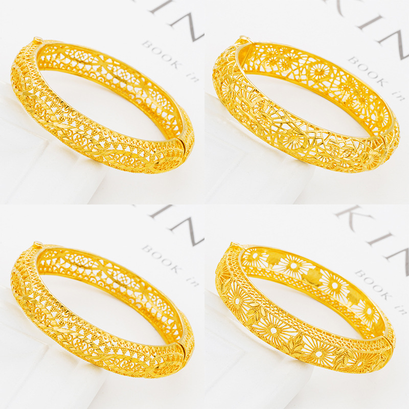 Nuevo hueco cloisonne oro pulsera abierta mujer imitación 999 oro joyería de la boda cara ancha hebilla pulsera al por mayor