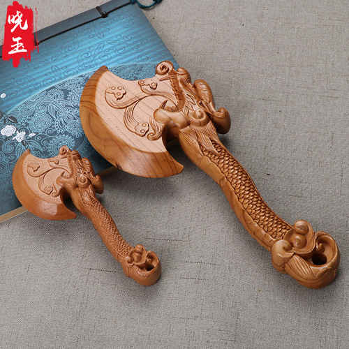 Manufacturer peach wood dragon with ax ax feng shui supplies peach wood carving crafts