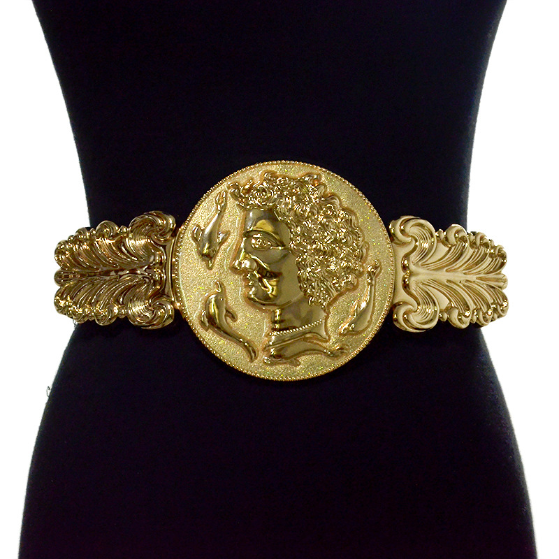 European And American Women's Gold Lion Head Waist Seal Metal Head Elastic Belt Spot Wholesale