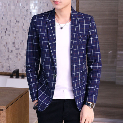 男装一件代发男士休闲西服青少年格子韩版一粒扣小西装男外套上衣