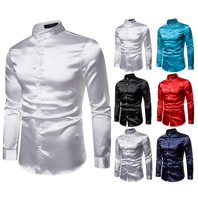 Fashion European men's casual fashion solid color bright face long sleeve stand collar nightclub trendy men's shirt