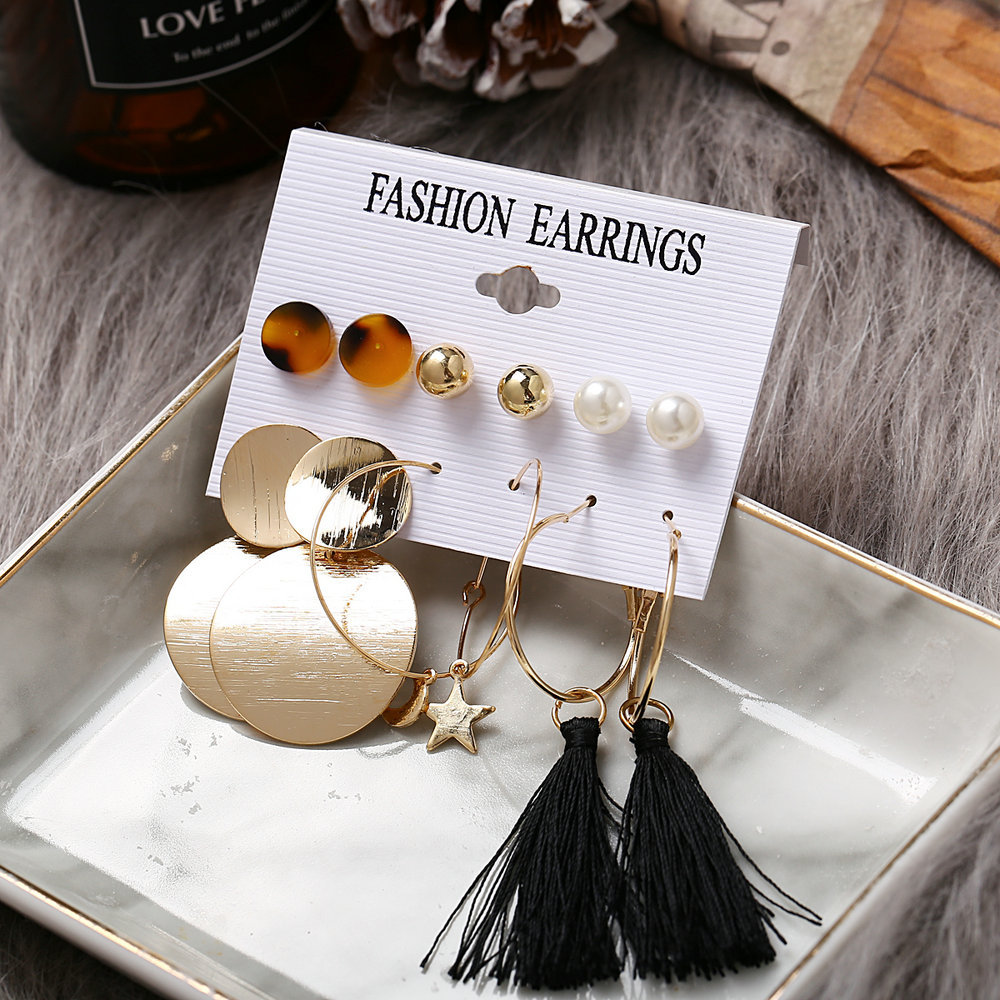 Retro Star Moon Tassel Earrings 6 Pairs Set display picture 4