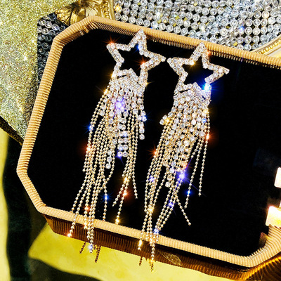 Earrings female silver needle luxury full Diamond Star Earrings long Tassel Earrings