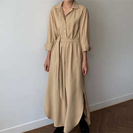 909韩国时尚翻领长袖单排扣系带衬衫连衣裙宽松显瘦大码衬衫裙子