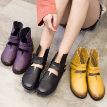 2019魔术贴纯色手工真皮大码皮靴平底休闲鞋女鞋短靴单靴一件代发