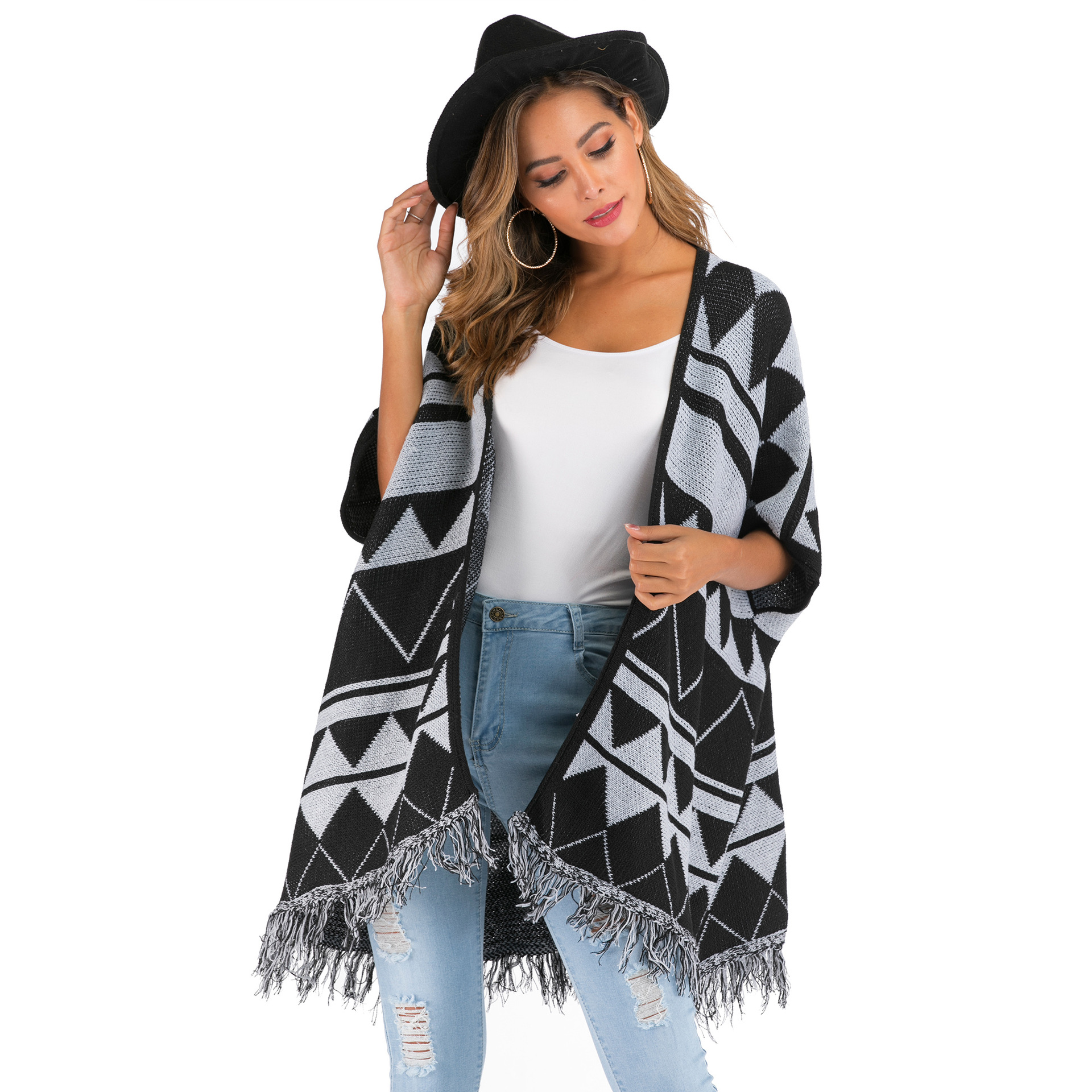 geometric pattern tassel stitching cloak  NSOY26821