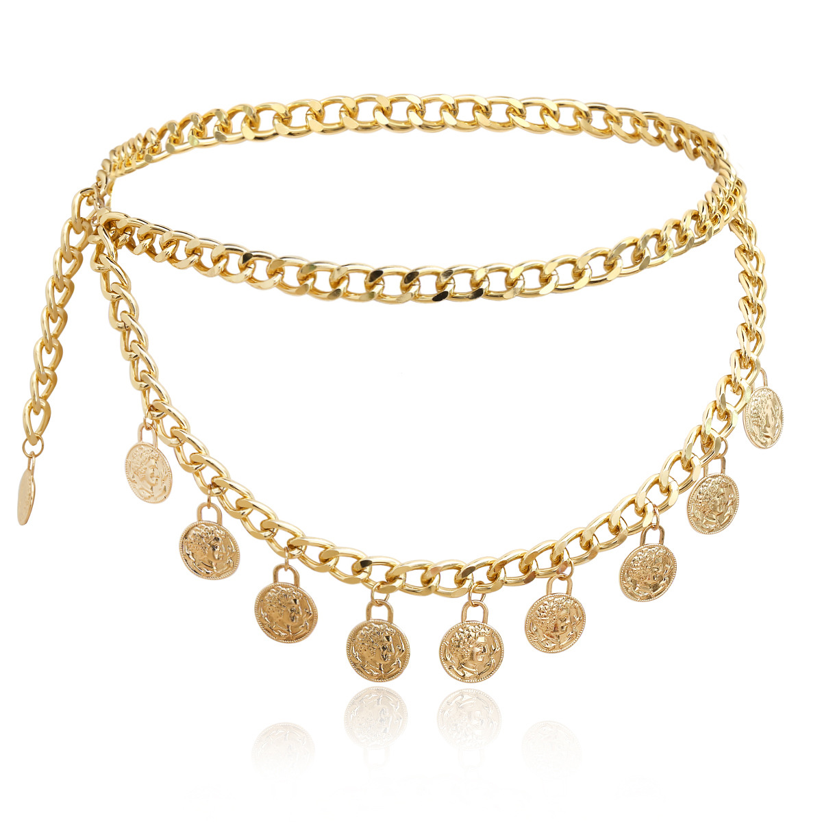 欧美跨境饰品 复古硬币吊坠流苏腰链女 性感双层女王浮雕身体链