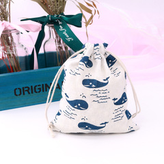 Wholesale 14*16CM Medium Zipper Cotton Bags with Cartoon Print of Dolphin and Blue Whale Pattern with Drawstring