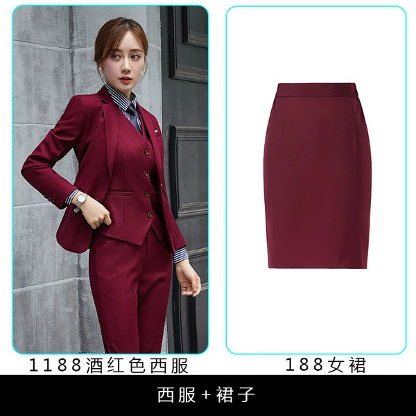 [Female two -piece set] wine red suit+western skirt