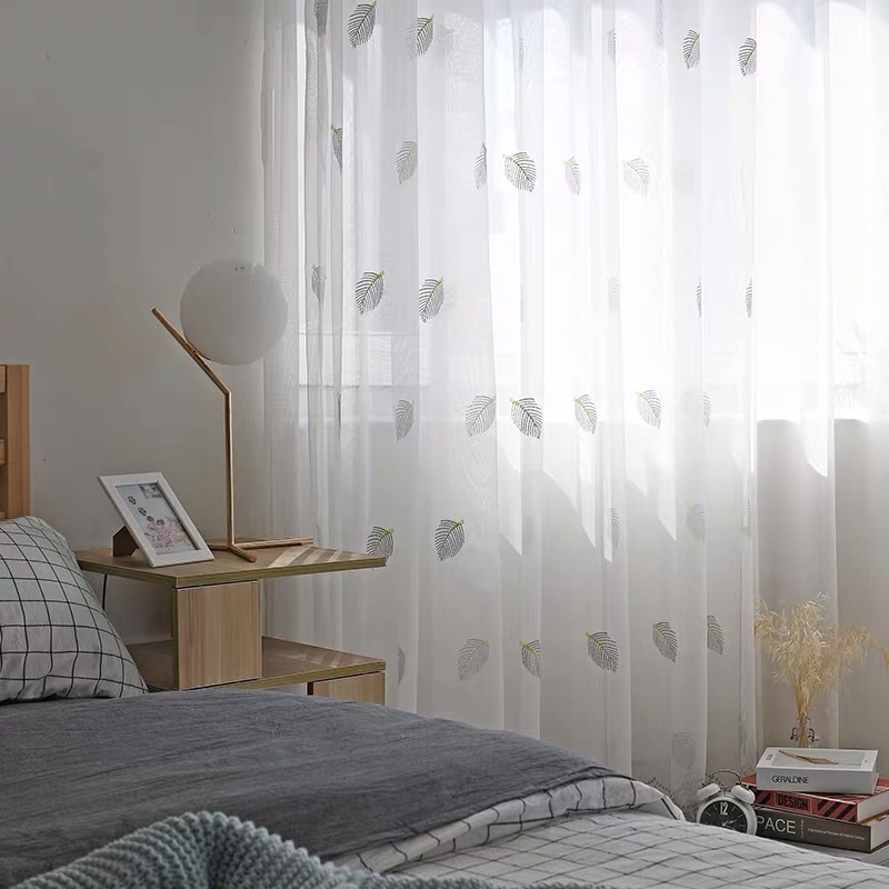 Nordic Leaf Embroidery Window screening white Translucency grid Shalian a living room Windows balcony curtain Window screening wholesale