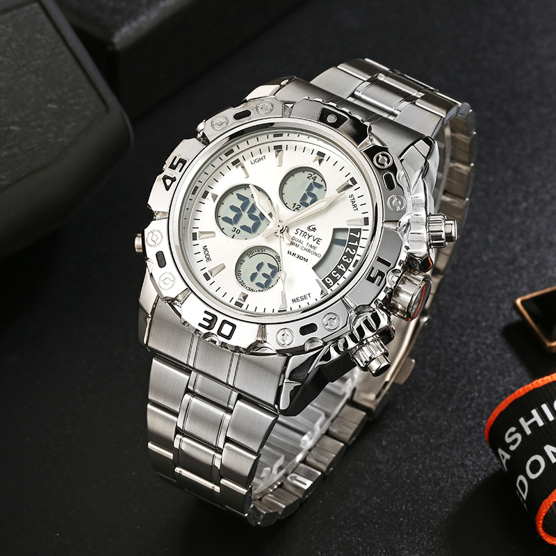 STRYVE multi-funcional de los hombres de acero inoxidable de doble movimiento reloj electrónico impermeable casual de sincronización reloj luminoso S8018
