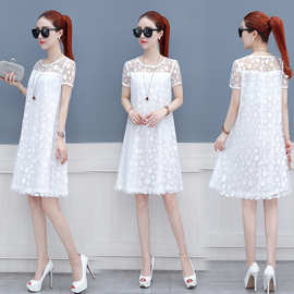 2020新款时尚跨境爆版宽松欧美中长款蕾丝连衣裙女装夏厂家批发