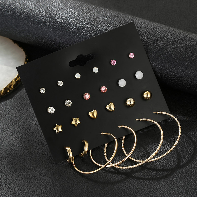 12 Pairs Of Korean Five-pointed Star Gold-plated Love Earrings Simple Earrings Set display picture 3