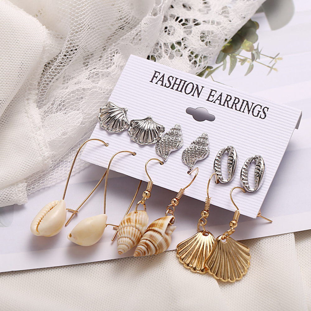 New Creative Retro Golden Silver Shell Scallop Earring Set Wholesale Nihaojewelry display picture 7